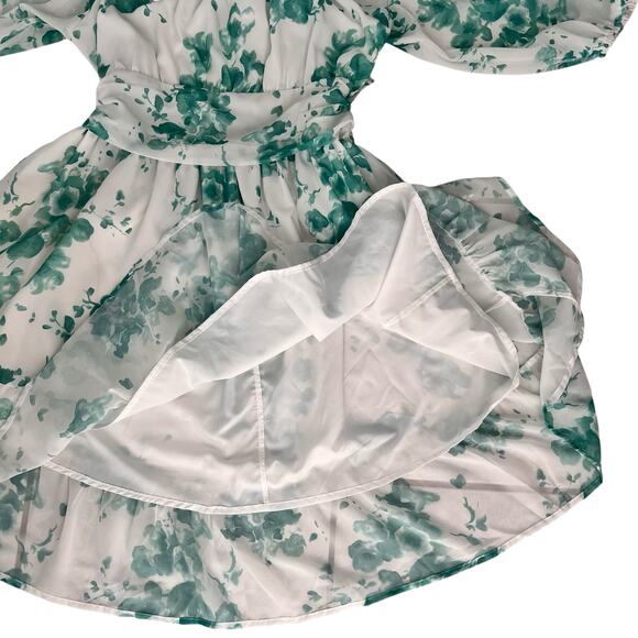 Fit & Flare Milkmaid Dress XL Green White Lantern Sleeves Ruffle Stretch Waist - Picture 7 of 16